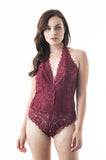 Sleeveless Halter V Neckline Sheer Back Lace Bodysuit