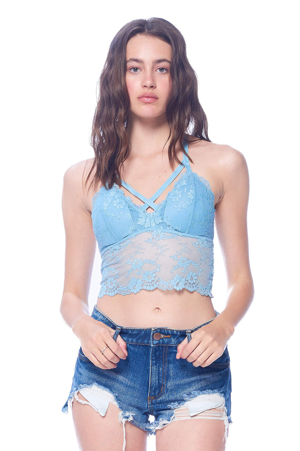 Khanomak Women's Lace Padded Bra Mesh V neck Strap Empire Waist Crop Top