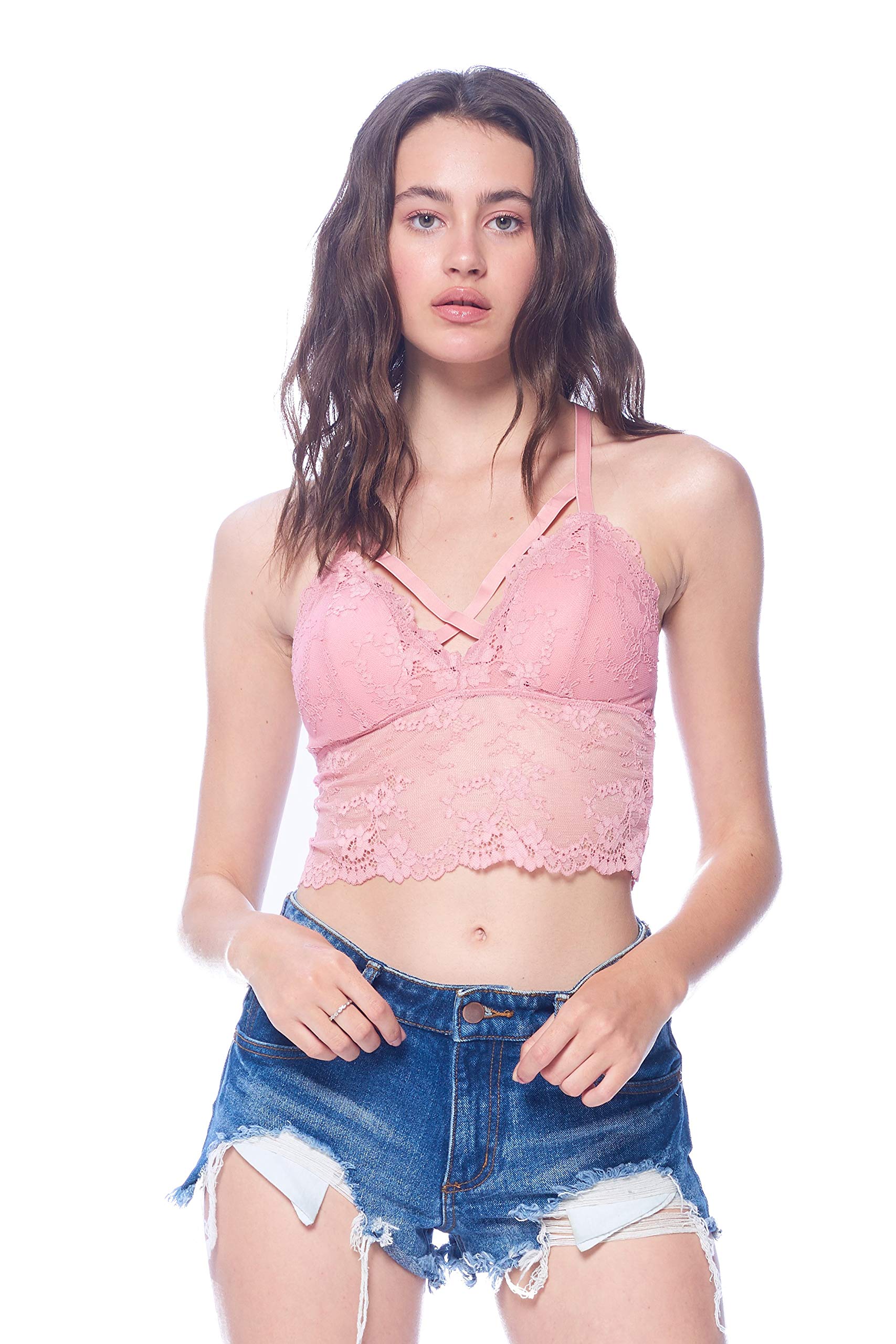 Khanomak Women's Lace Padded Bra Mesh V neck Strap Empire Waist Crop Top