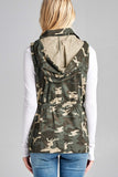 Sleeveless Camouflage Print Drawstring Waist With Hoodie Cotton Utility Vest