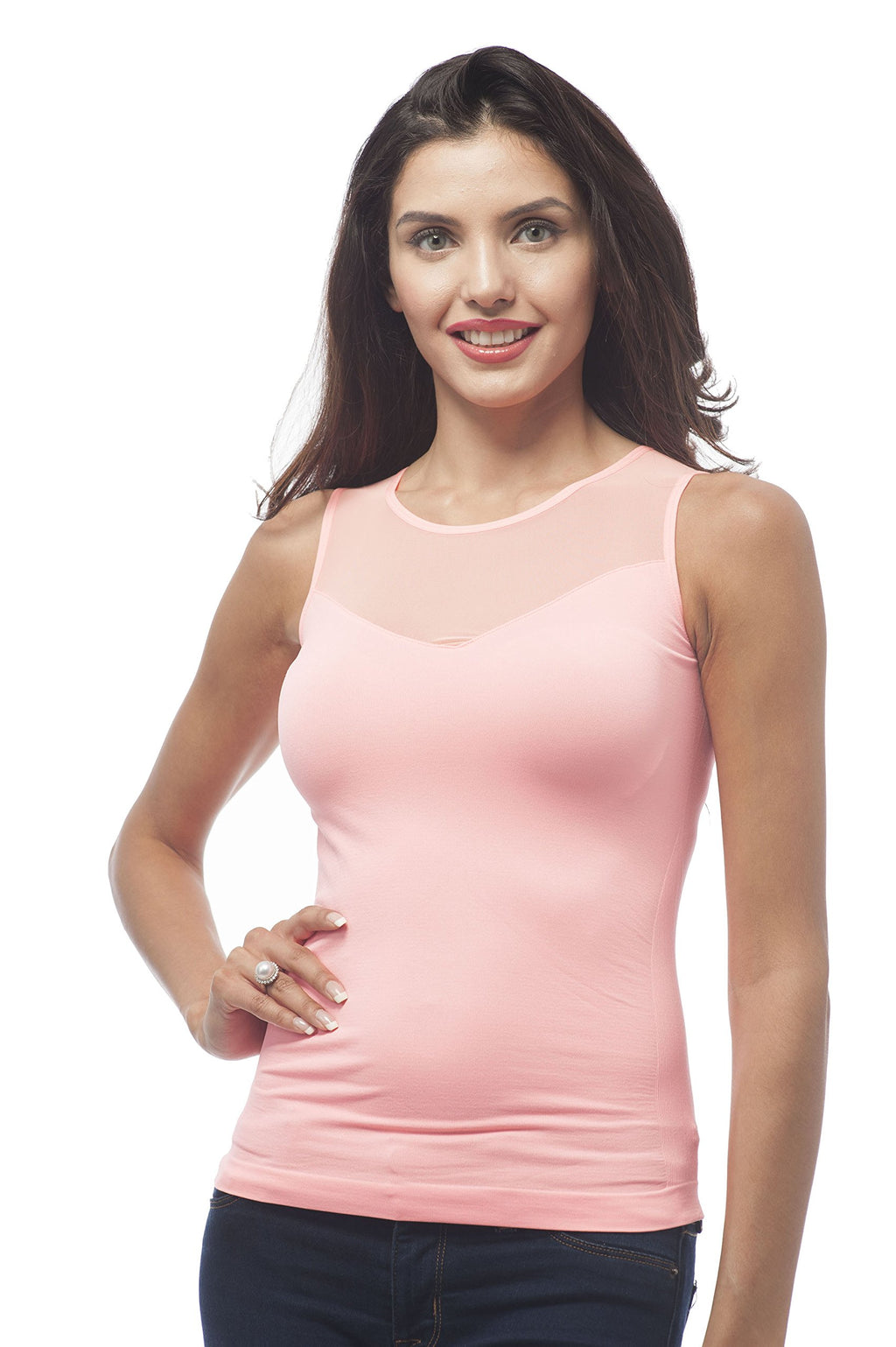 Sleeveless Stretch Shirt with Mesh V Back Top wth Ribbed Sides