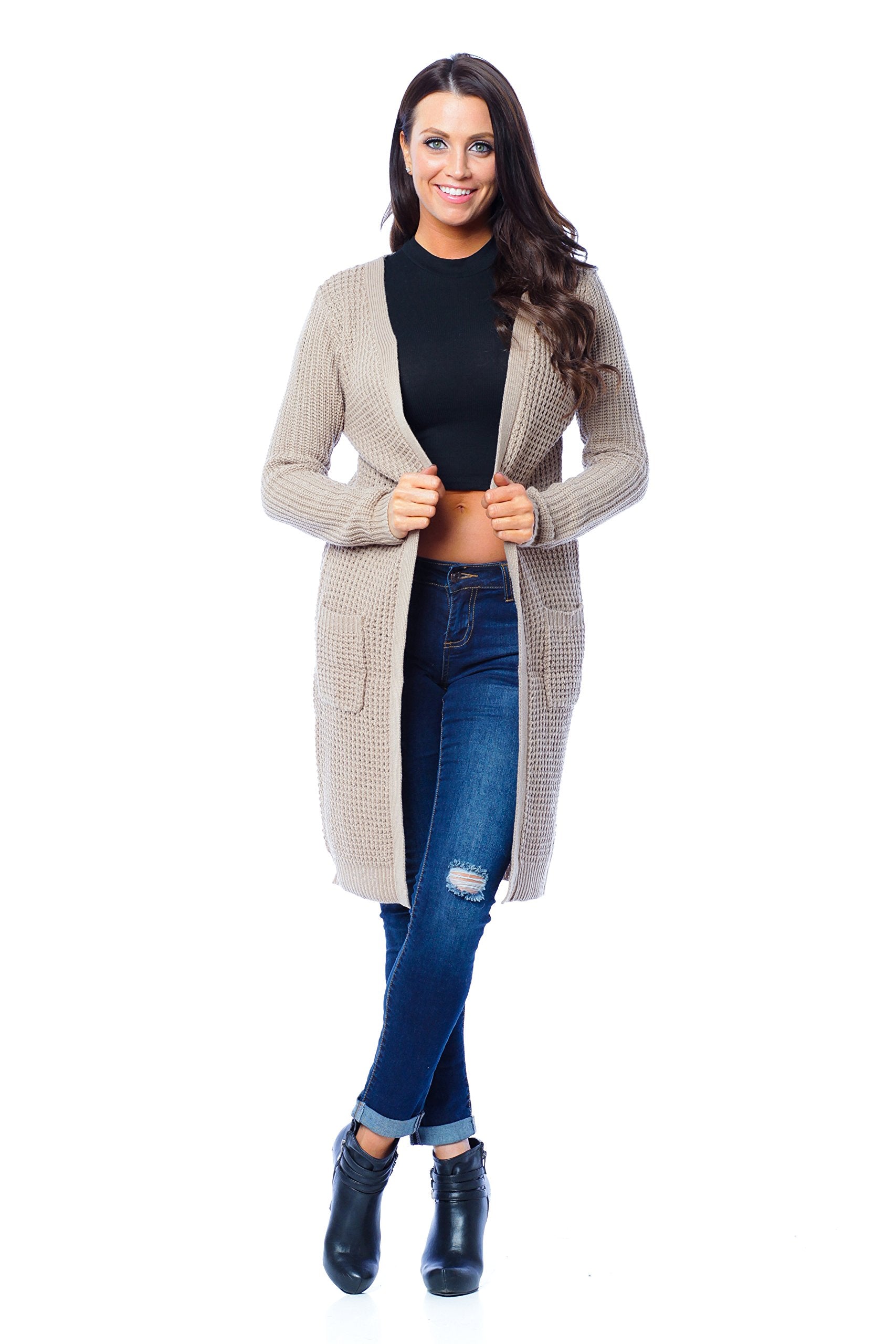 Waffle Knit Long Cardigan Sweater With Pockets