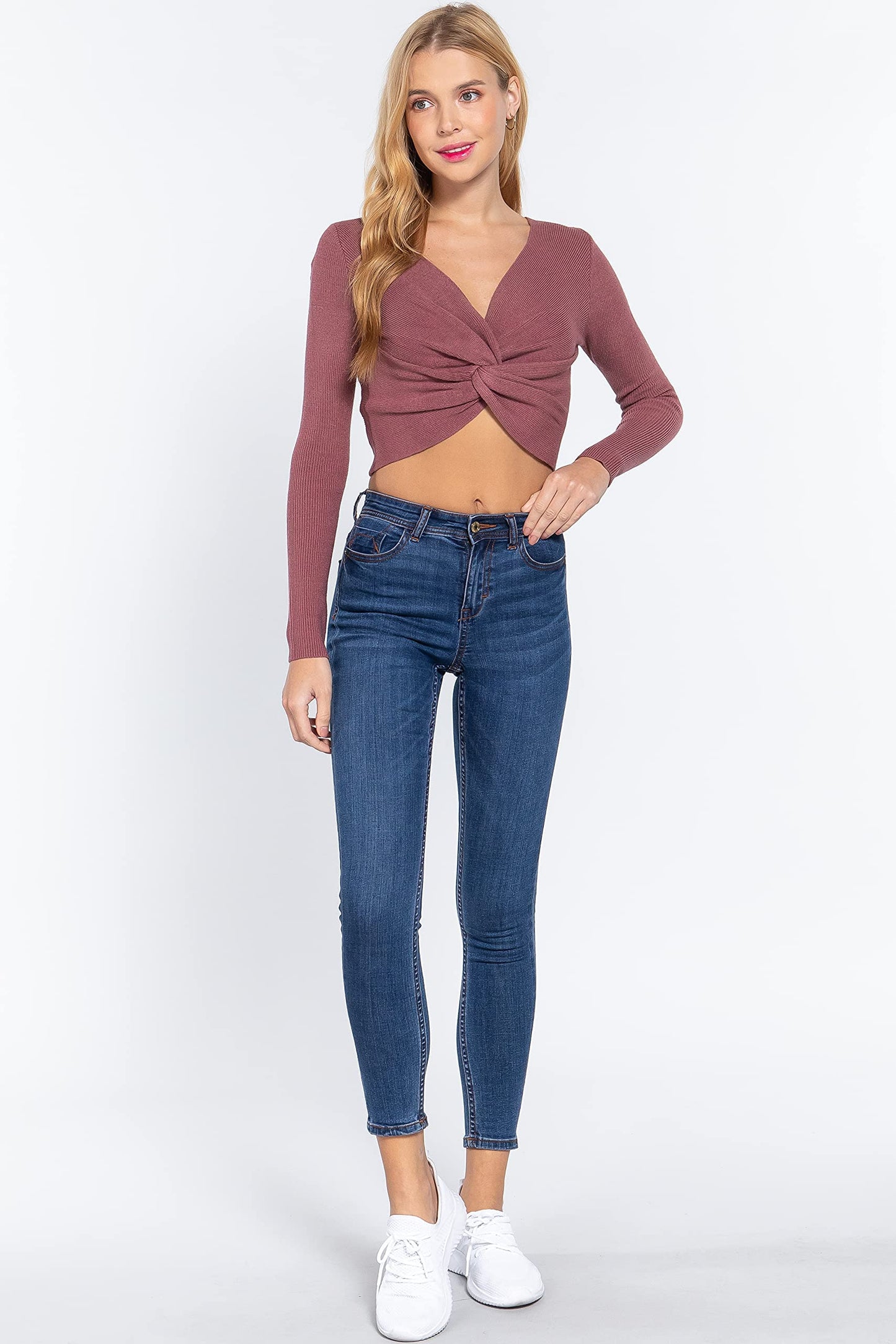 Women's Long Sleeve V Neck Front Knotted Detail Crop Sweater Top
