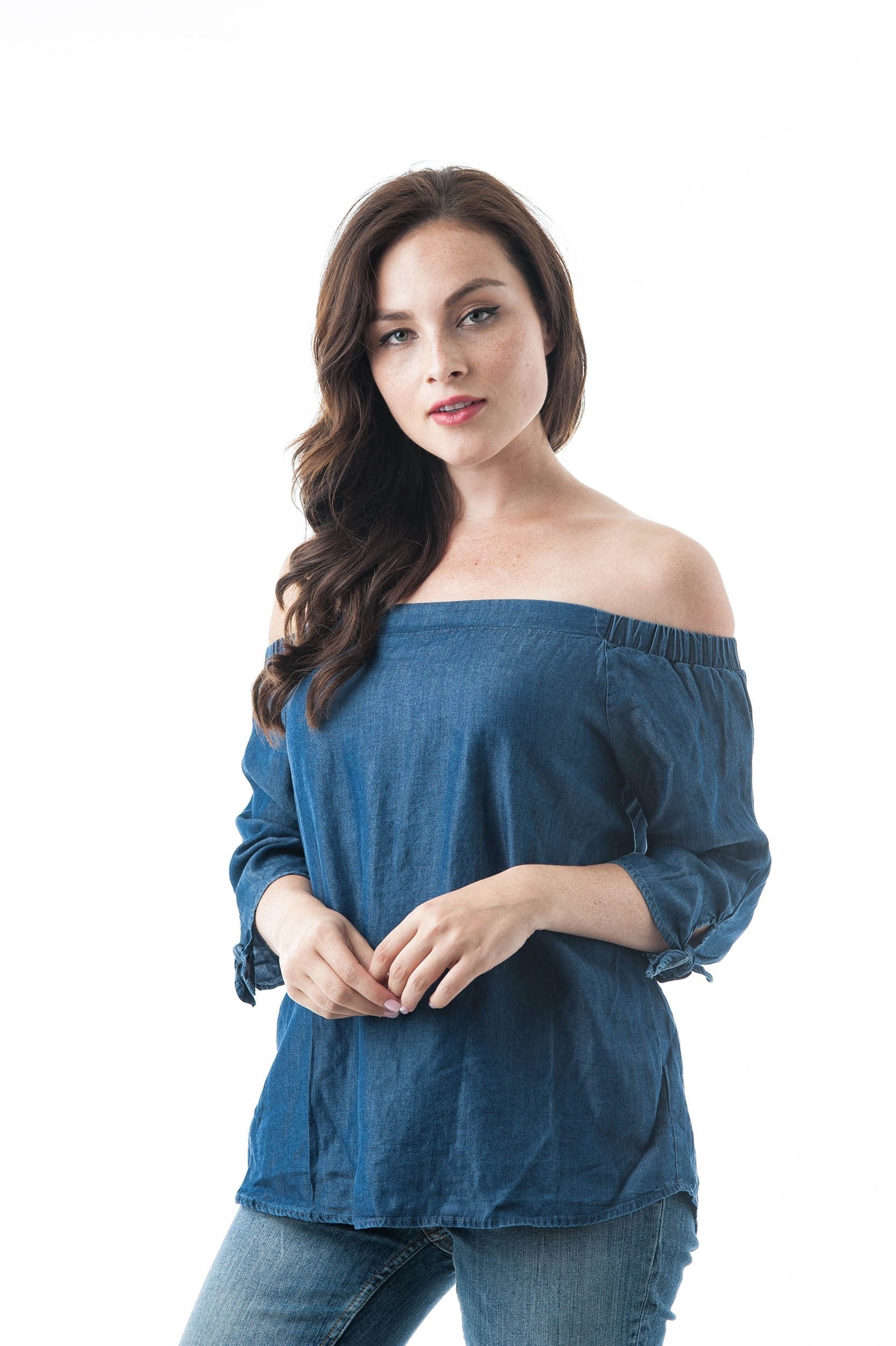 Chambray Off The Shoulder 3/4 Self-Tie Sleeves Top