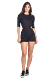 Khanomak 3/4 Sleeve Deep Open Back Side Cutout High Neck Short Ribbed Romper