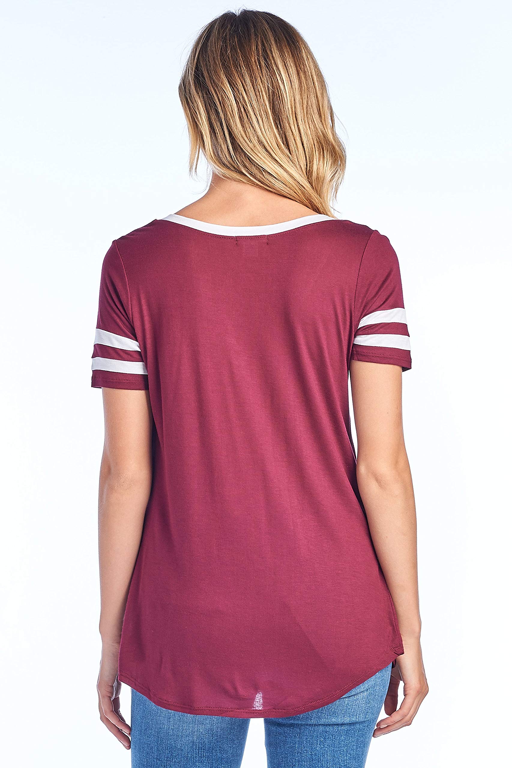Women's Casual Stripe Short Sleeve V Neck Varsity Boyfriend Loose Fit Tee T-Shirt