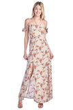 Women's Ruffle Straps Tube Off Shoulder Long Floral Print Slit Smocked Back Maxi Dress