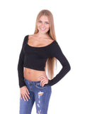 Long Sleeves Scoop Neck Crop Top Stretch Mini Shirt Dance One Size