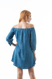 Chambray Off The Shoulder 3/4 Self-Tie Sleeves Mini Dress