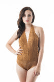 Sleeveless Halter V Neckline Sheer Back Lace Bodysuit