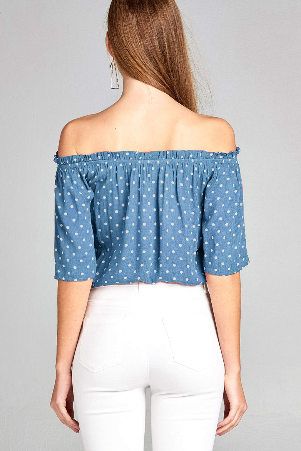 Khanomak Women's 3/4 Sleeve Off The Shoulder Loose Ruffled Polka-Dotted Blouse