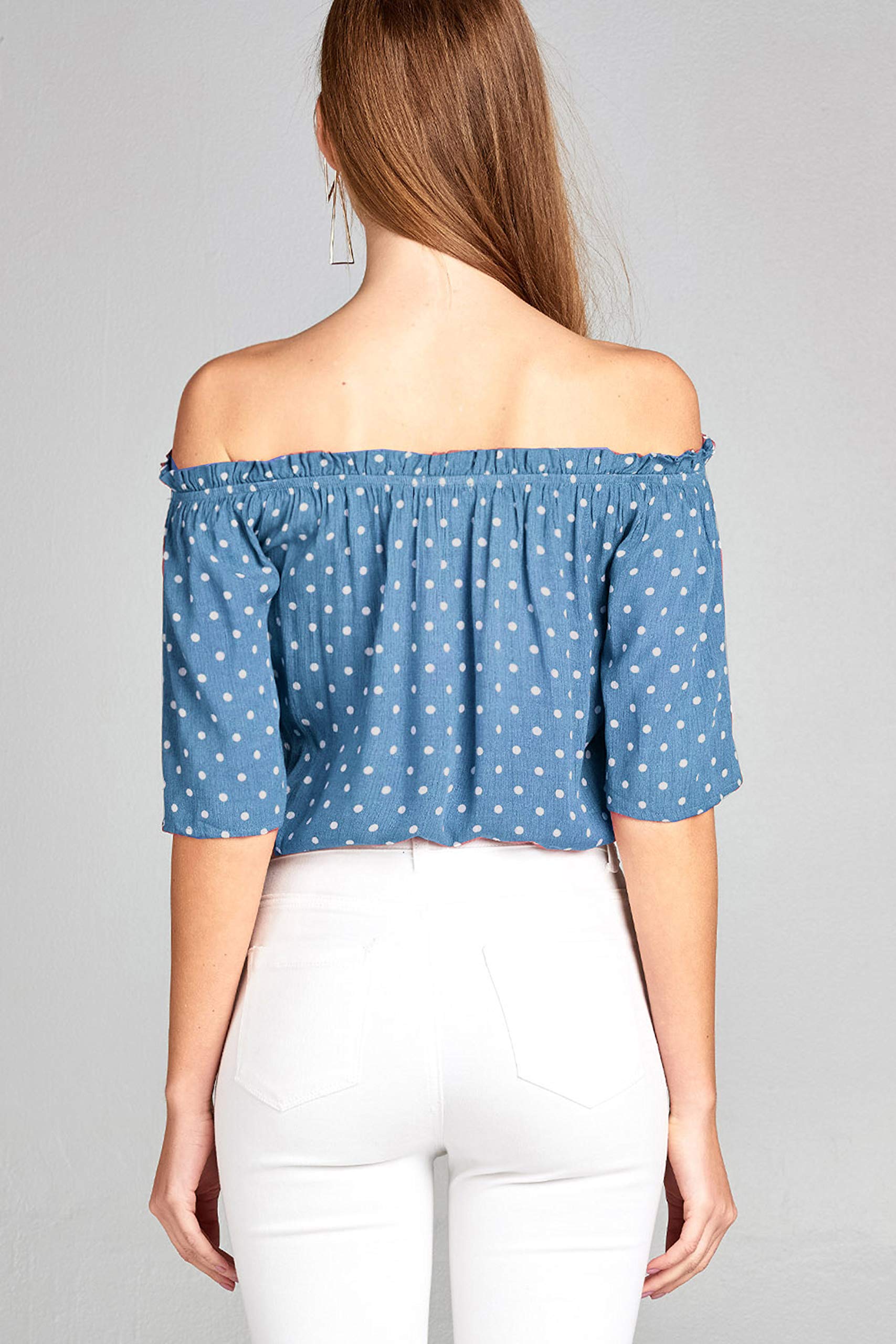 Khanomak Women's 3/4 Sleeve Off The Shoulder Loose Ruffled Polka-Dotted Blouse