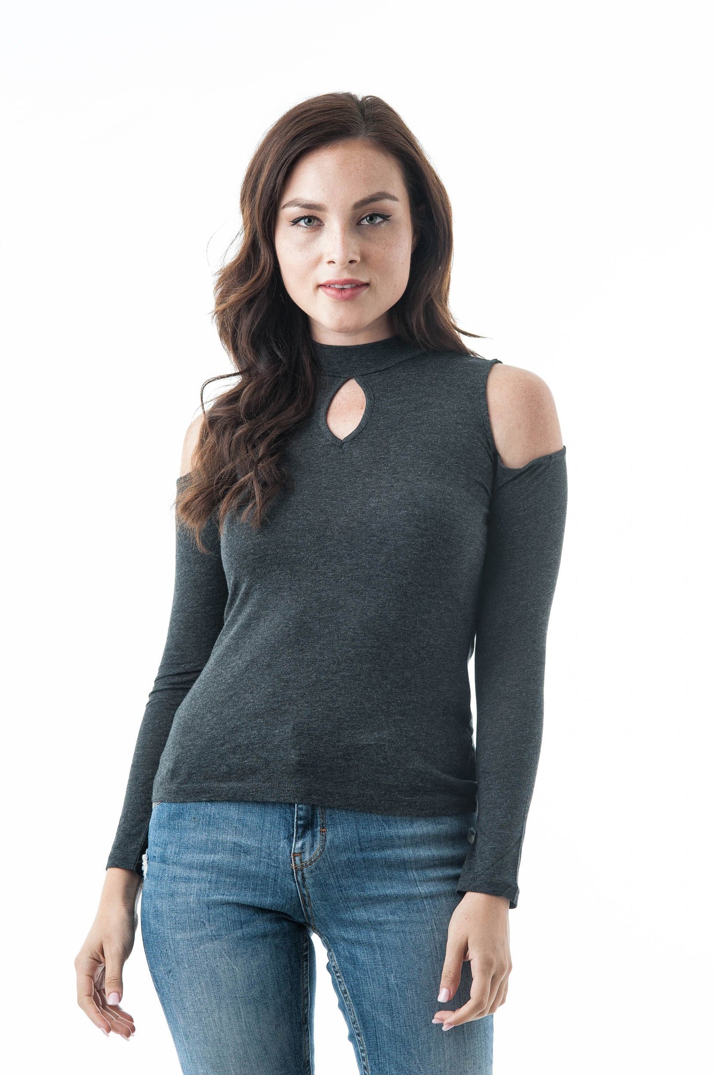 Plain Long Sleeve Open Cold Shoulder Key Hole Mock Neck Top