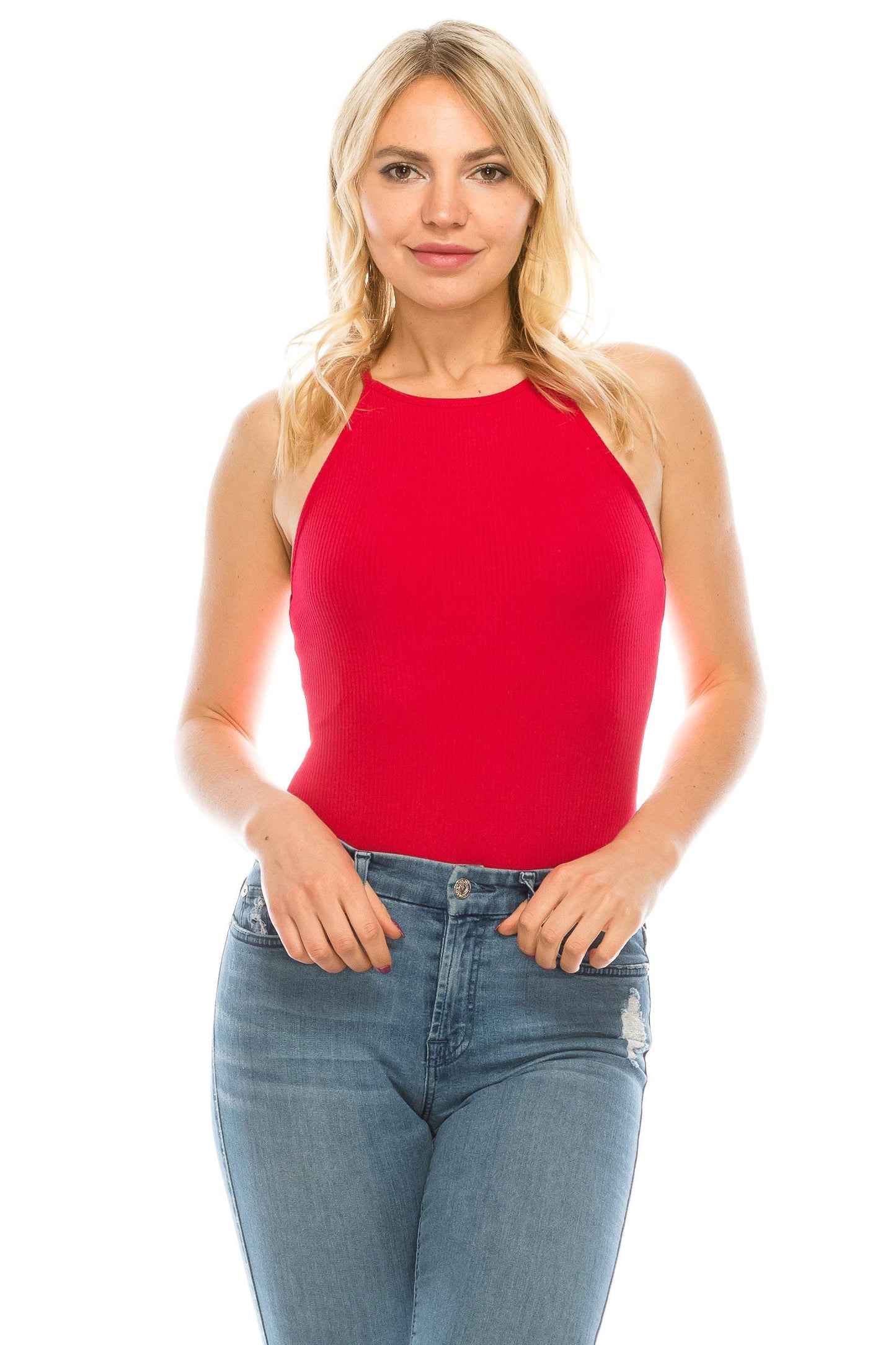 Women's Casual Sleeveless High Neck Racer Back Ribbed Cami Tank Bodysuit