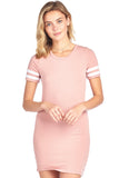 Double Stripe Short Sleeve Round Crew Neck Bodycon Midi Dress