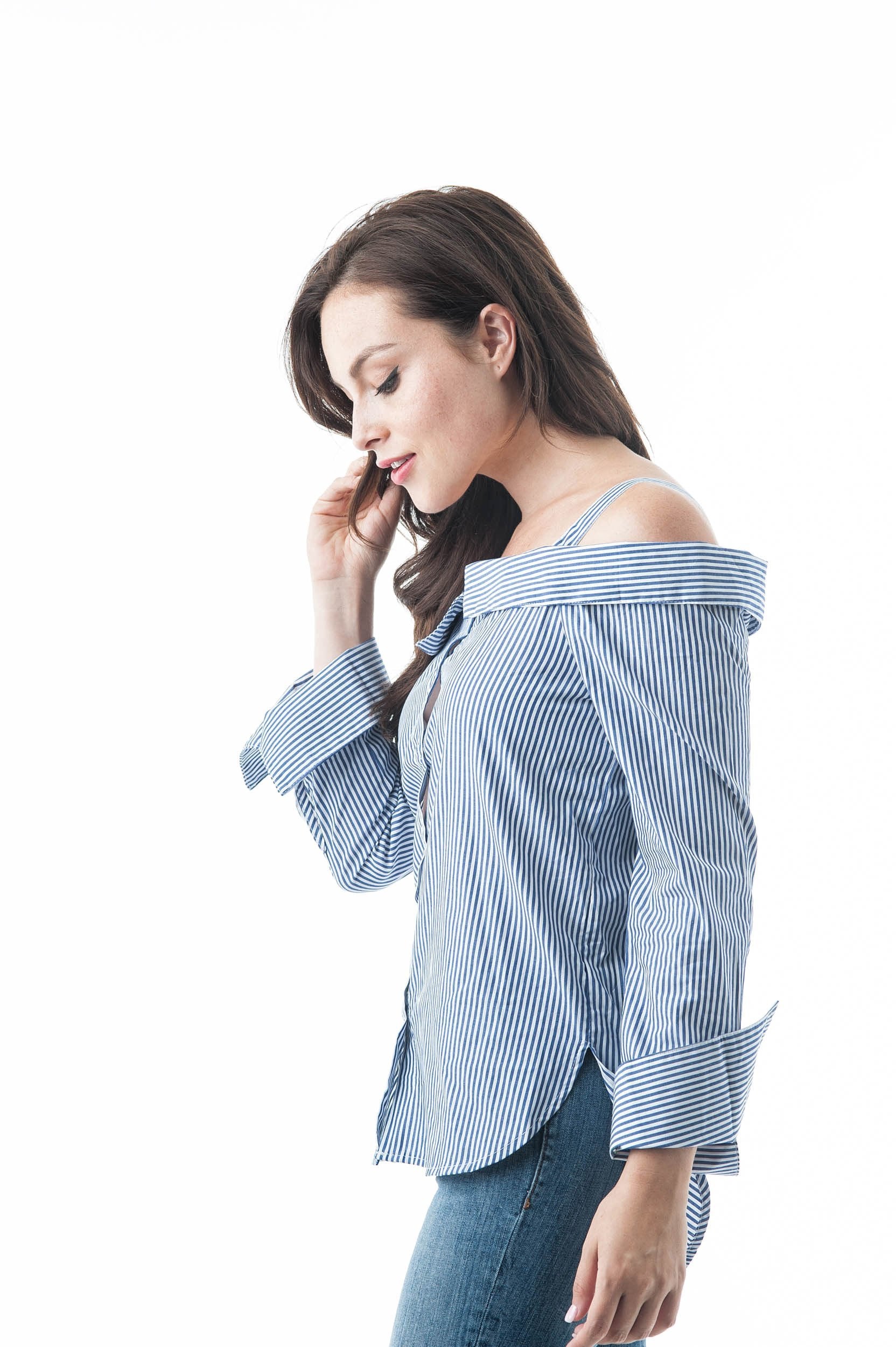 Long Sleeve Collar Striped Pattern Off The Shoulder Button Down Blouse