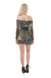 Long Sleeve Off Shoulder Print Knit Mini Bodycon Dress