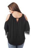 Gauze Cold Shoulder Crochet Trim Top