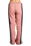 Elastic High Waist Wide Leg Side Split Stripe Contrast Snap-On Buttoned Tearaway Long Chiffon Pants