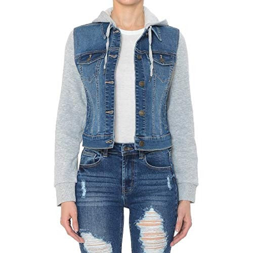 Women Fleece Sleeve and Hood Denim Jacket