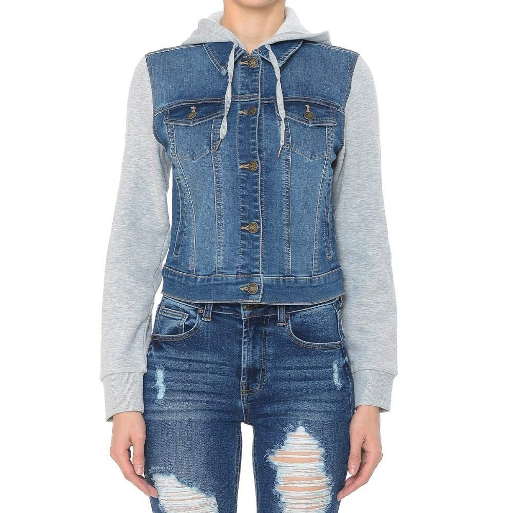 Women Fleece Sleeve and Hood Denim Jacket