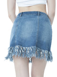 Denim Distressed Button Down A-Line Skirt With Long Fray Trim