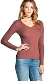 Khanomak Plain Solid Stretch Fitted Long Sleeve V Neck Ribbed Knit Lightweight Sweater Top