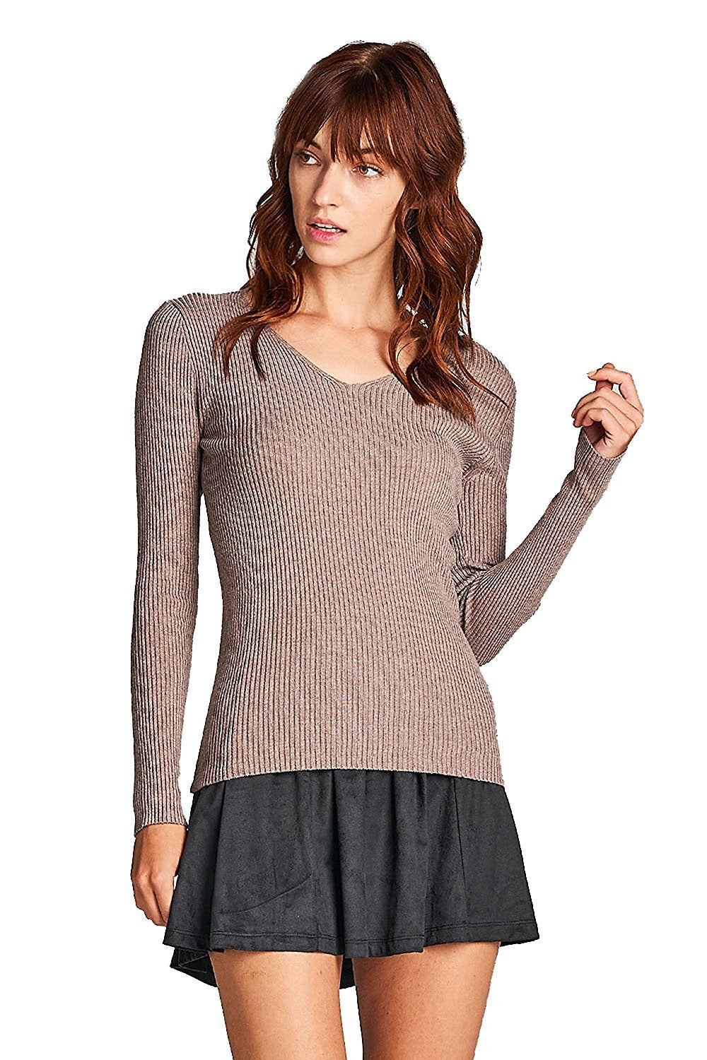 Khanomak Plain Solid Stretch Fitted Long Sleeve V Neck Ribbed Knit Lightweight Sweater Top