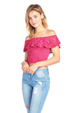 Short Sleeve Lace Off Shoulder Ruffled Layered Crop Top