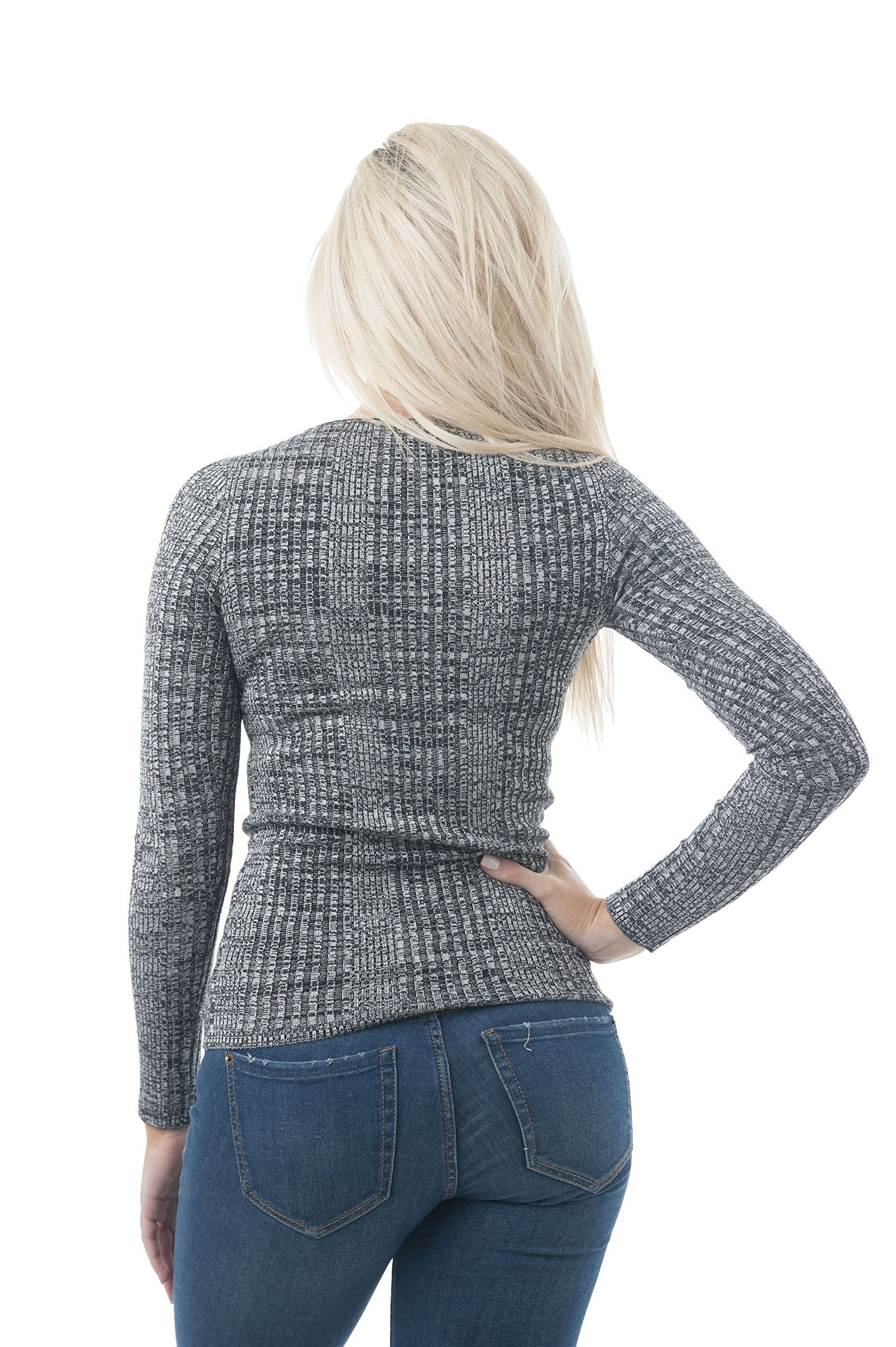 Khanomak Long Sleeve V Neck Ribbed Heathered Knit Sweater Top