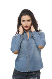 Denim Button Down Top With Elbow Patches