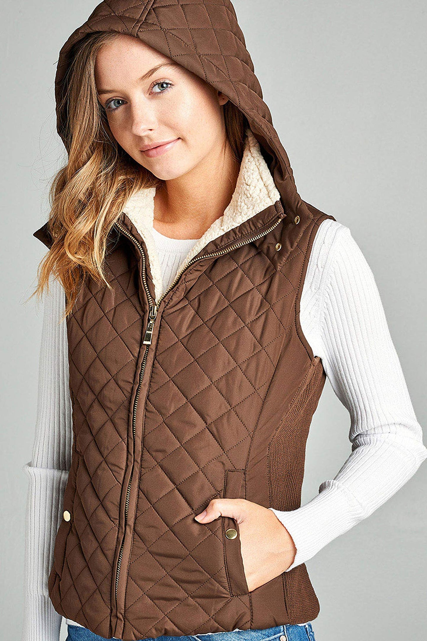 Khanomak Women's Shearling Lined Quilted Padding Hoodie Vest