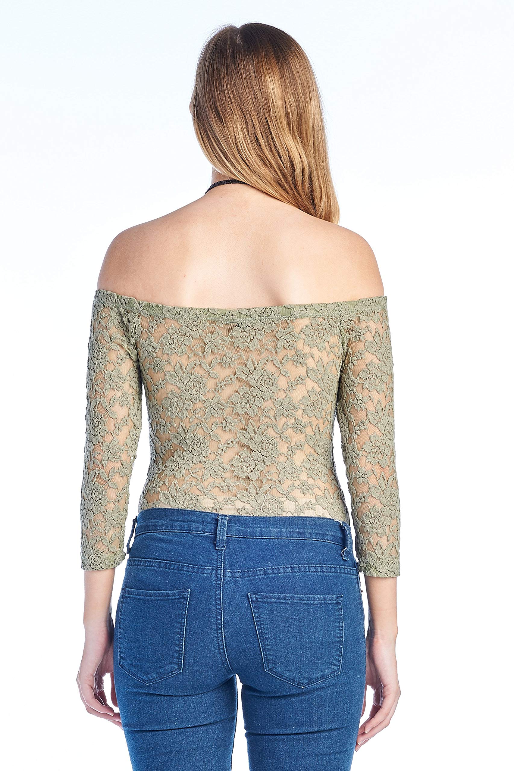 Women's 3/4 Sleeve Off Shoulder Unlined Sheer Allover Lace Bodysuit