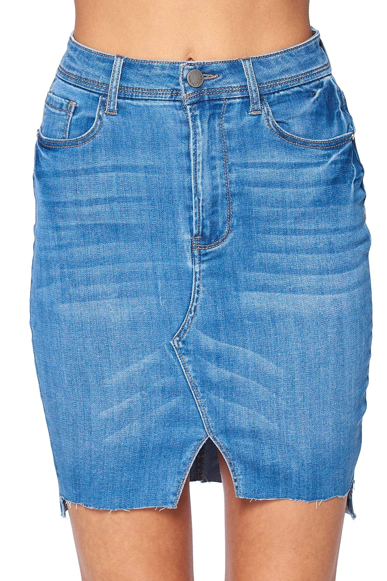 Khanomak Women's High Waist 5 Pocket Asymmetrical Raw Cut Hem Denim Mini Skirt