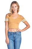 Women's Open Cold Shoulder Varsity Stripe Short Sleeve Cotton V Neck Basic Casual Crop Top