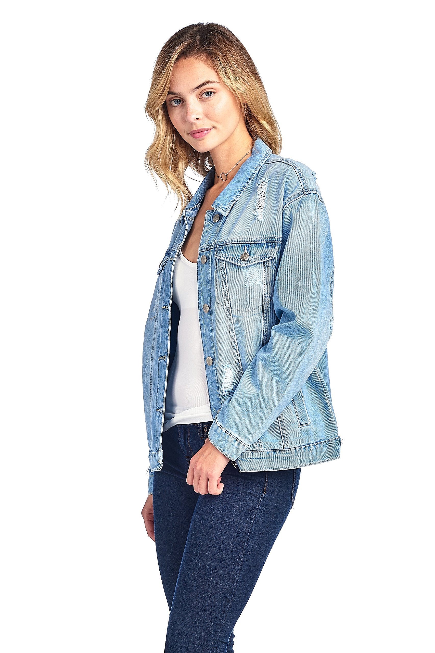 Classic Long Over Sized Denim Distress Buttoned Front Long Sleeve Basic Collar Jacket