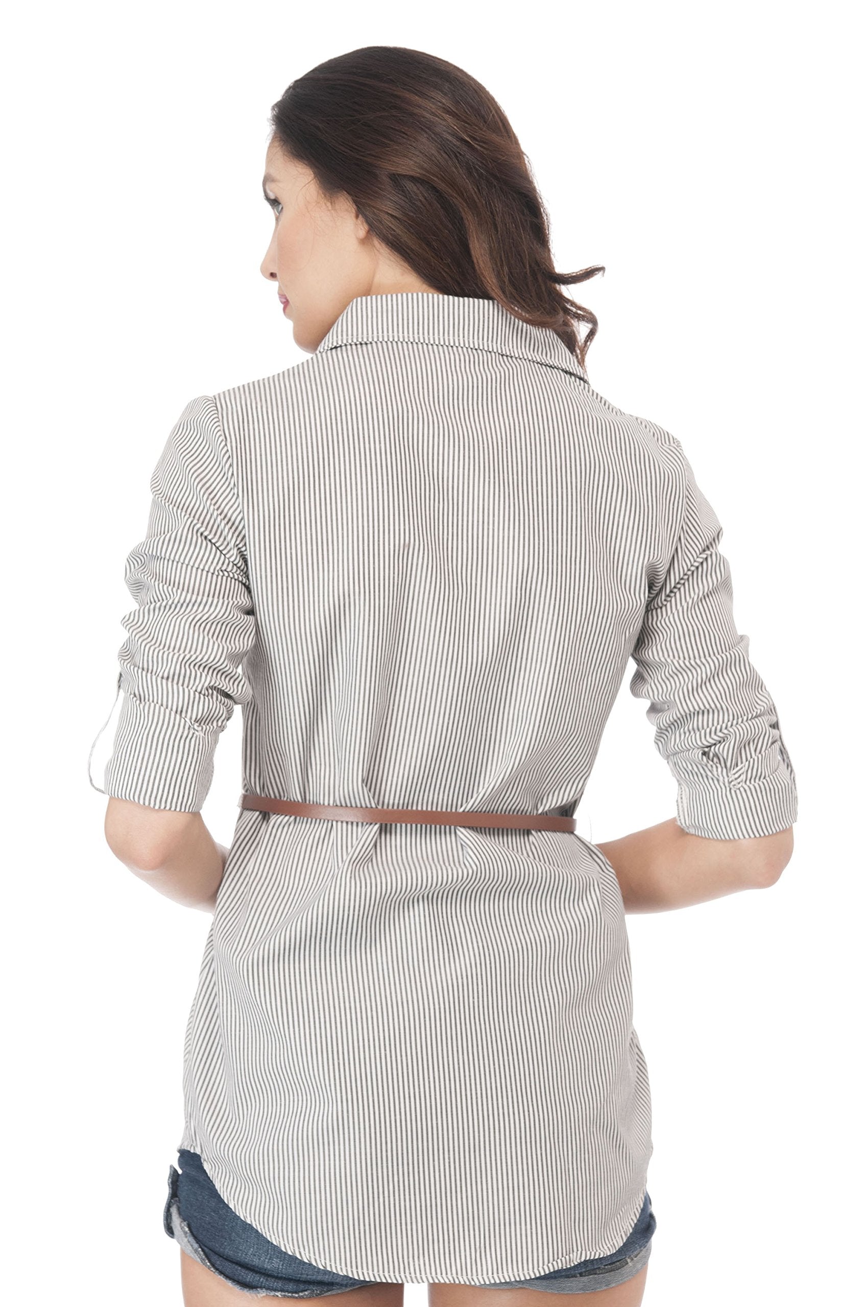 Long Stripe Button Down Shirt Roll Up Sleeve With Belt
