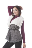 Sleeveless Faux Fur Lining Draped Collar Belted Tweed Vest