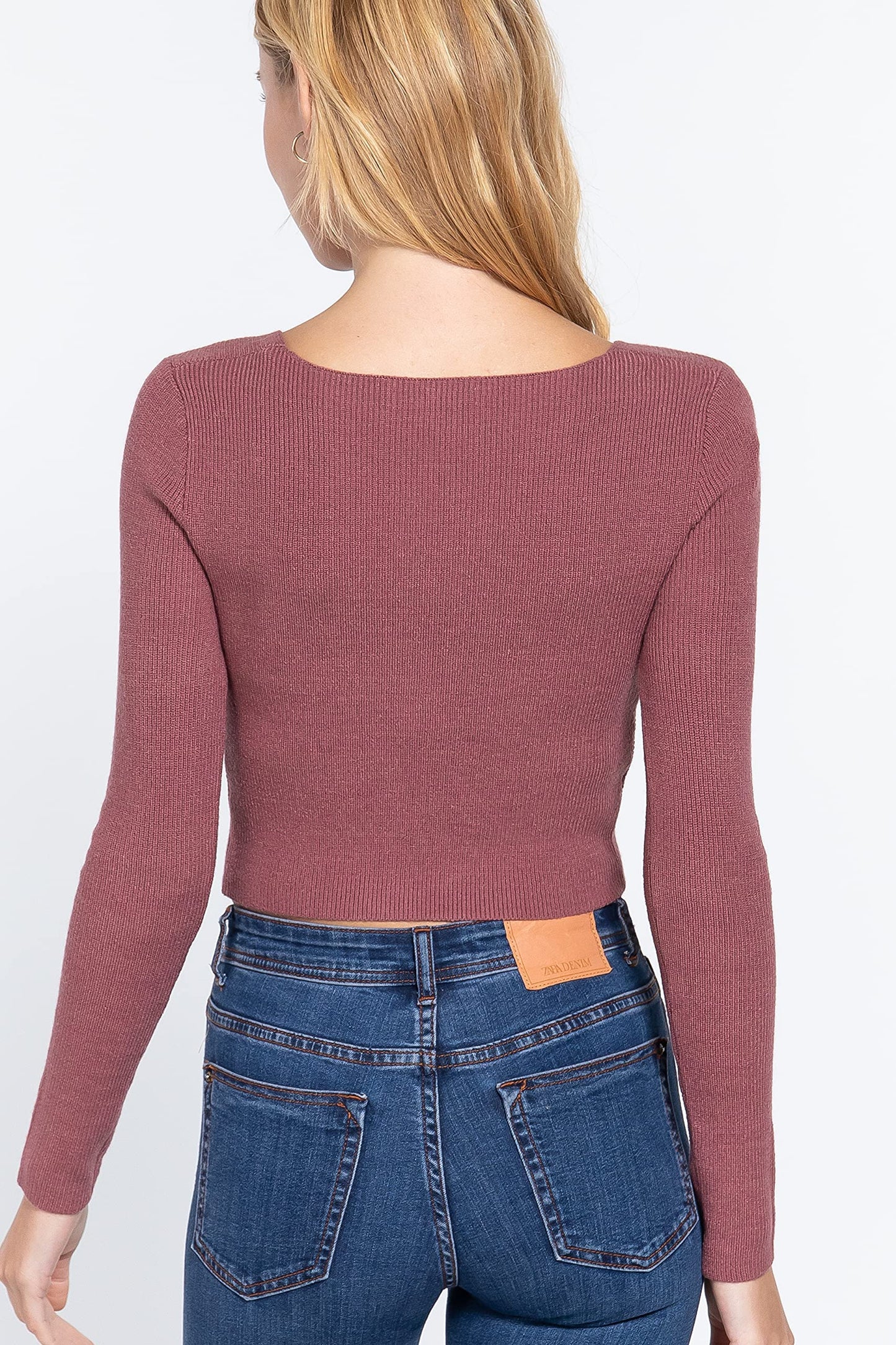 Women's Long Sleeve V Neck Front Knotted Detail Crop Sweater Top