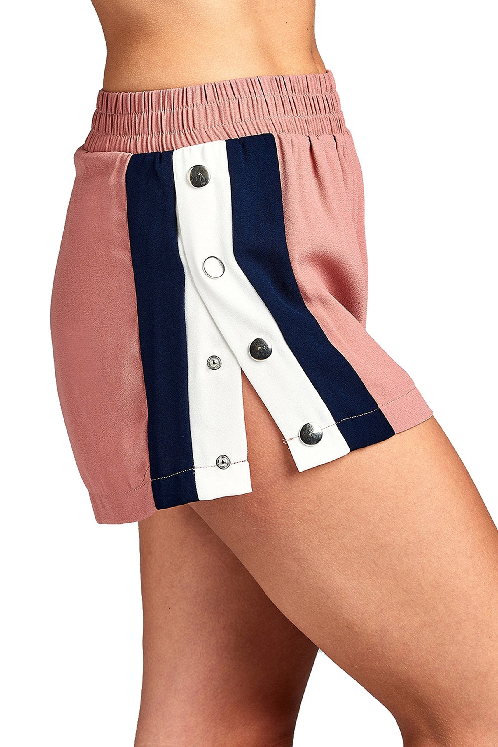 Khanomak Women's Elastic Waist Snap-On with Side Contrast Button Tearaway Light Weight Shorts (Large, Dustypink/Navy/White)