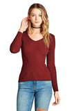 Khanomak Plain Solid Stretch Fitted Long Sleeve V Neck Ribbed Knit Lightweight Sweater Top