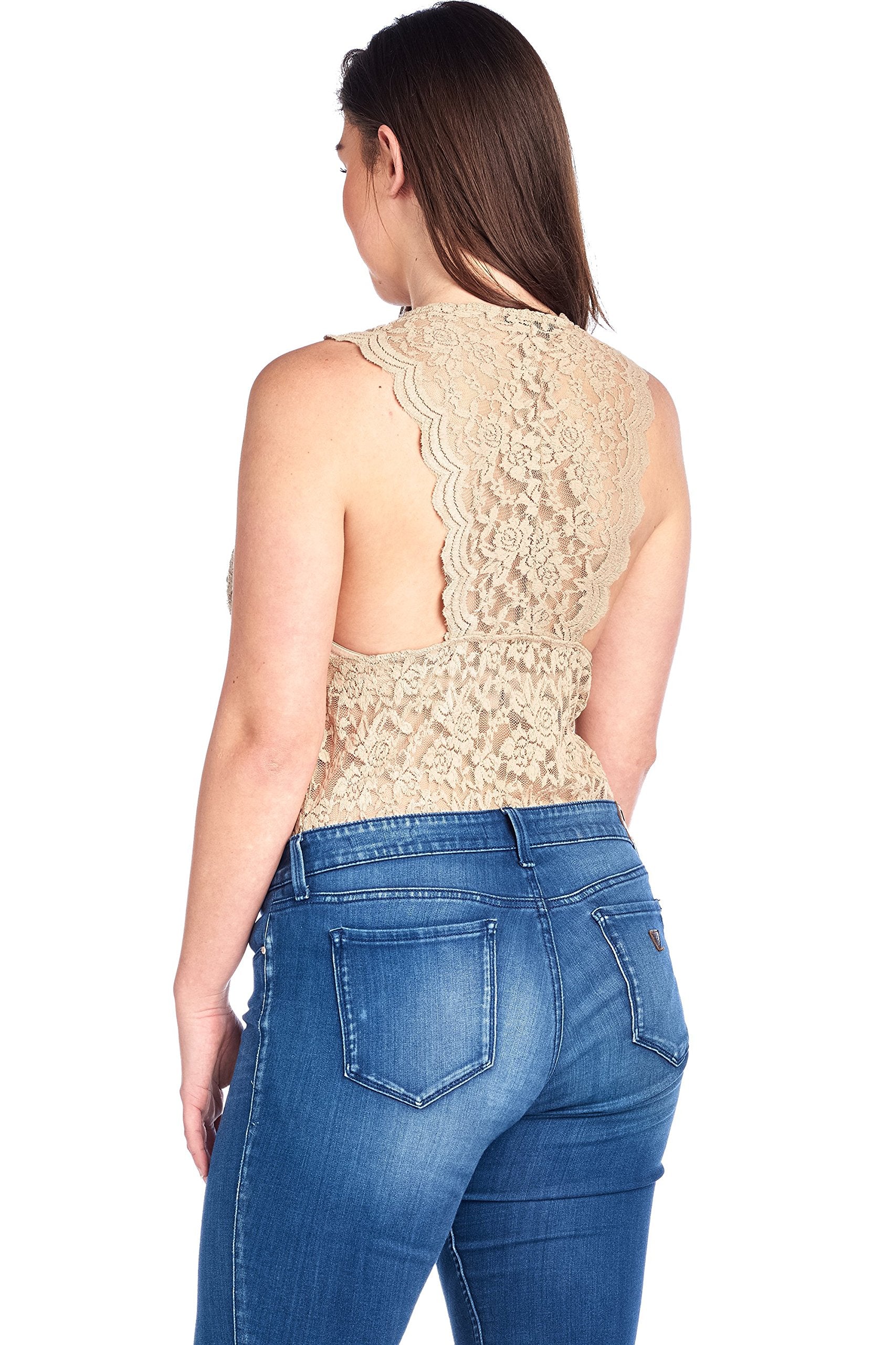 Women's Plus Size Sleeveless Racer Back Floral Lace Low V-Neck with Snap Buttons Bodysuit