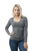 Khanomak Long Sleeve V Neck Ribbed Heathered Knit Sweater Top