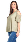 Women's Plus Size Women's Plus Size Short Sleeve Cold Shoulder Lace Trim V Neck Flowy Top