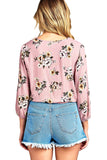 Khanomak Long Sleeve Elasticized Cuffs Round Neck Semi Cropped Floral Print Front Self Tie Top