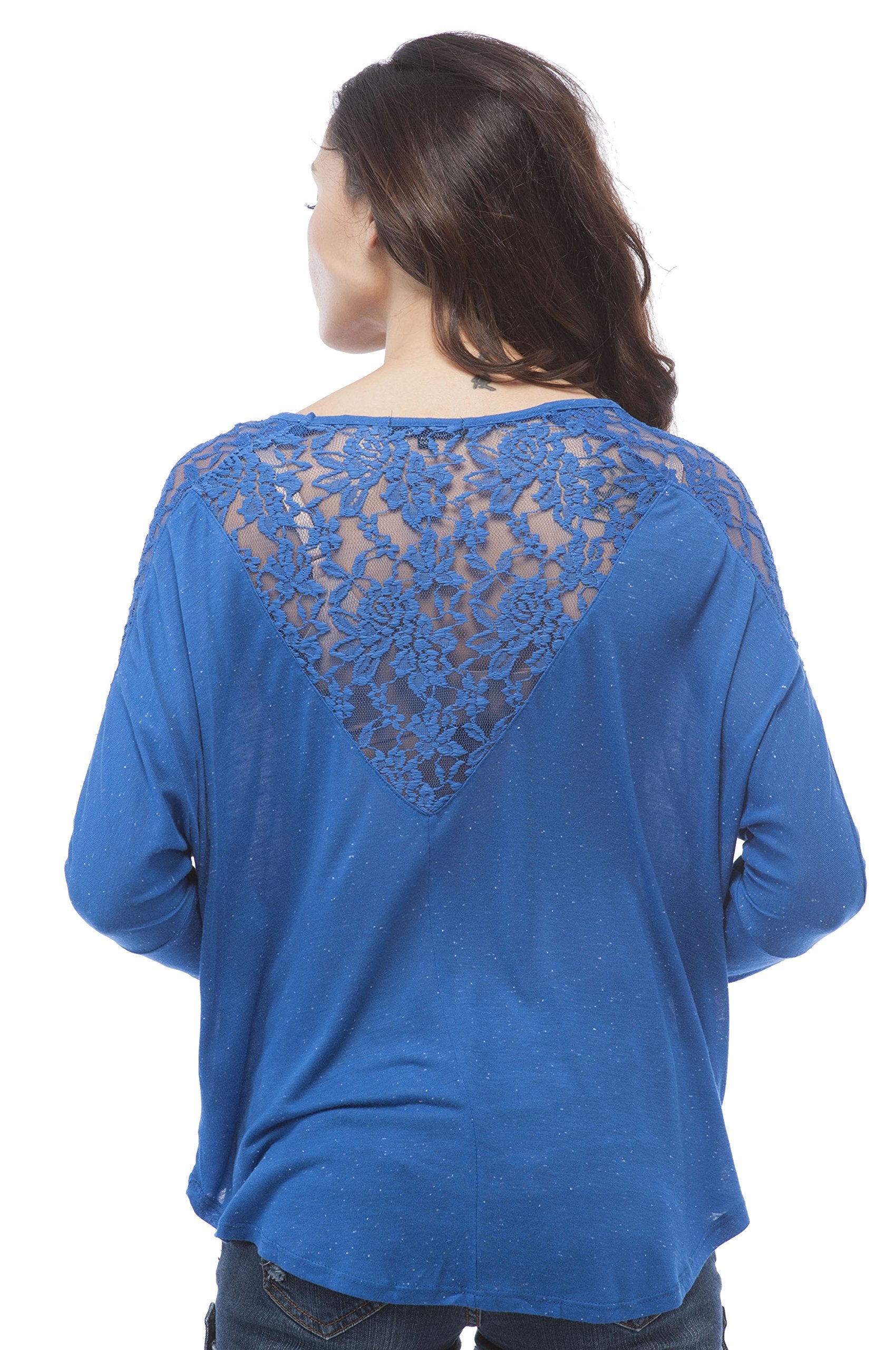 Long Sleeve Batwing V Neck Lace Trim Top