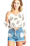 Khanomak Long Sleeve Elasticized Cuffs Round Neck Semi Cropped Floral Print Front Self Tie Top