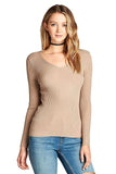 Khanomak Plain Solid Stretch Fitted Long Sleeve V Neck Ribbed Knit Lightweight Sweater Top