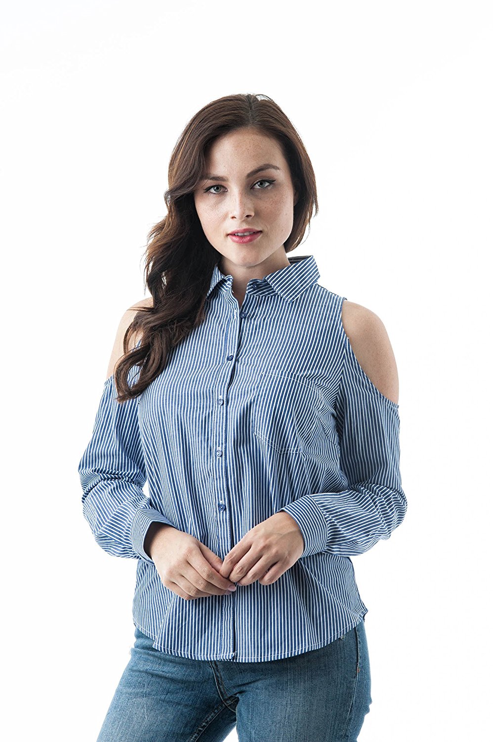Long Sleeve Collar Button Down Cold Shoulder Striped Pattern top