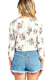 Khanomak Long Sleeve Elasticized Cuffs Round Neck Semi Cropped Floral Print Front Self Tie Top